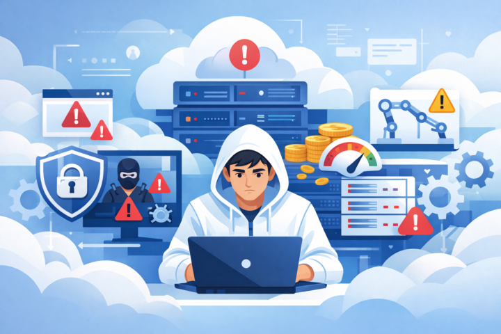 Ilustrasi pengelolaan layanan cloud dengan kesalahan umum seperti kurangnya keamanan dan pemborosan sumber daya