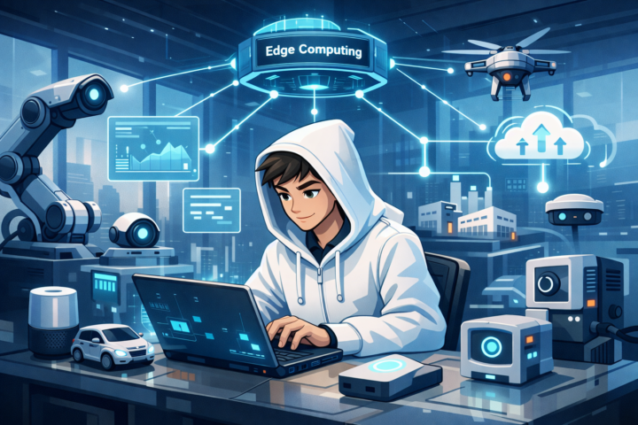 Ilustrasi edge computing dengan perangkat IoT yang memproses data secara lokal di lingkungan bisnis