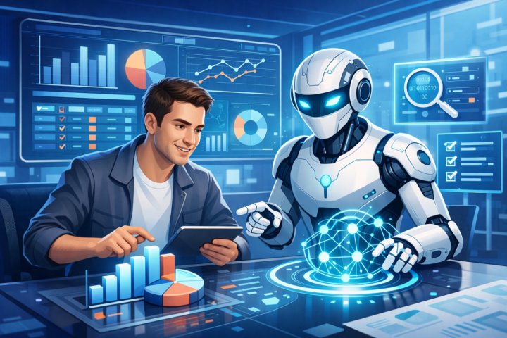 Ilustrasi kolaborasi auditor manusia dengan teknologi AI dalam praktik audit masa depan