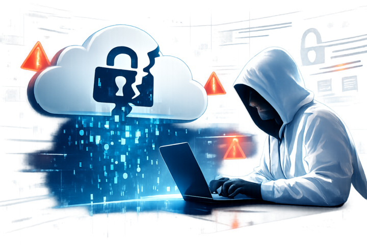 Ilustrasi simbol gembok terbuka pada ikon cloud digital yang menggambarkan kebocoran data akibat konfigurasi cloud yang salah