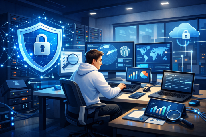 Ilustrasi proses audit keamanan siber dengan ikon perisai digital dan jaringan komputer di kantor modern