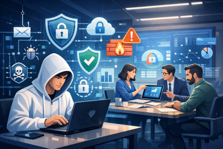 Ilustrasi manajemen risiko IT dengan ikon keamanan siber, perlindungan data, dan tim bekerja sama di kantor modern