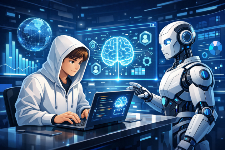 Ilustrasi penggunaan Artificial Intelligence dalam berbagai skala bisnis untuk efisiensi dan inovasi