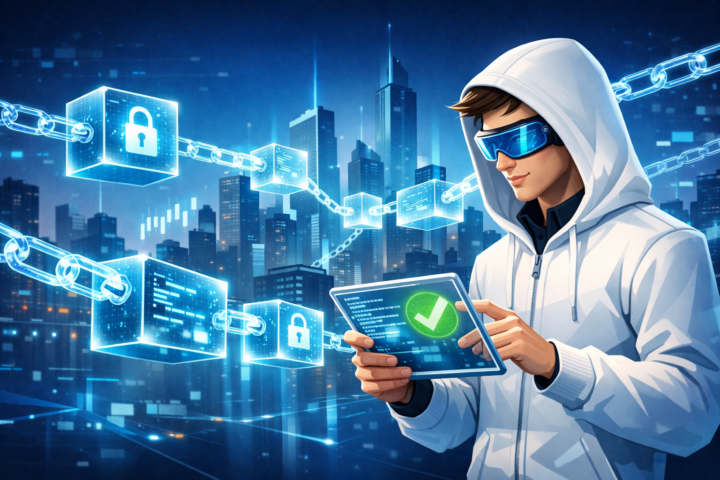 Ilustrasi teknologi blockchain yang melambangkan transparansi dan kepercayaan dalam transaksi digital