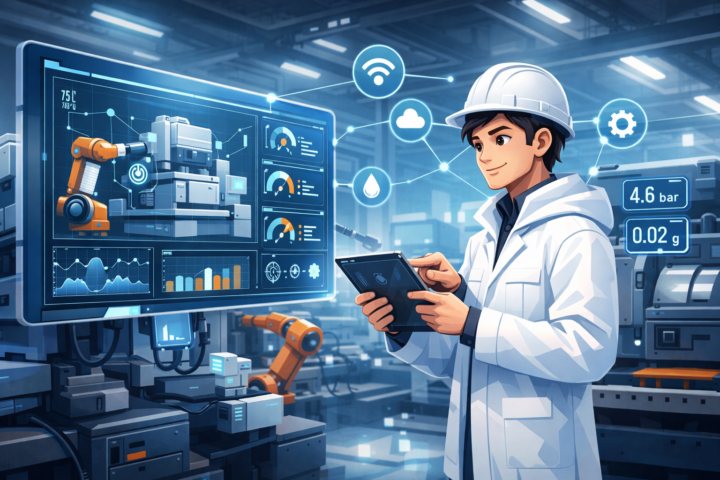 Gambaran IoT dengan sensor dan monitoring real-time di mesin industri untuk efisiensi operasional