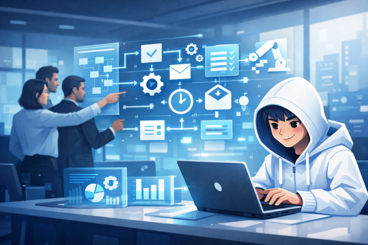 Tim bisnis menggunakan teknologi workflow automation di kantor modern untuk meningkatkan efisiensi kerja