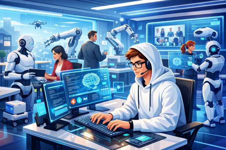 Illustrasi AI mengubah dunia kerja dengan kolaborasi manusia dan robot di lingkungan kantor futuristik