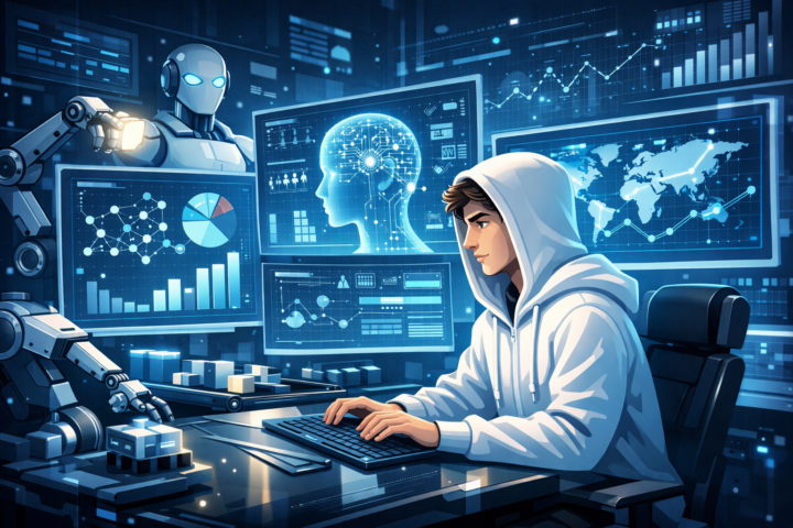 Ilustrasi masa depan analitik data dan otomasi insight dengan teknologi digital dan kecerdasan buatan