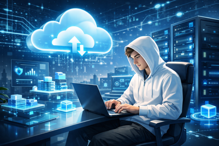 Grafik teknologi cloud computing dengan pekerja digital dalam ruang kantor modern