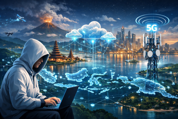 Ilustrasi infrastruktur digital masa depan dengan jaringan terintegrasi, cloud computing, dan teknologi 5G