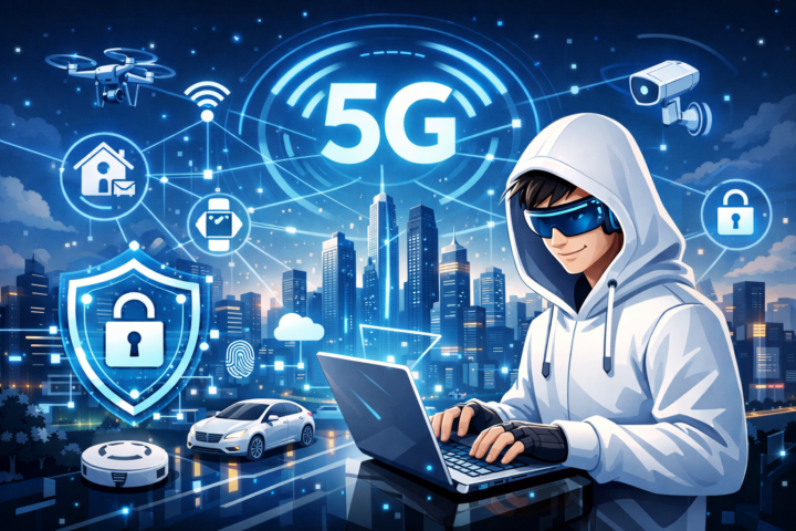 Ilustrasi jaringan perangkat Internet of Things terhubung dengan sinyal 5G di era konektivitas tinggi