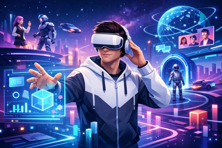 Ilustrasi konsep metaverse dengan interaksi realitas virtual dan avatar digital di dunia futuristik