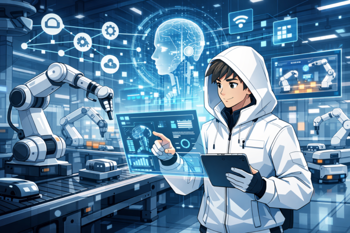 Ilustrasi otomasi industri dengan robot dan kecerdasan buatan di era digital