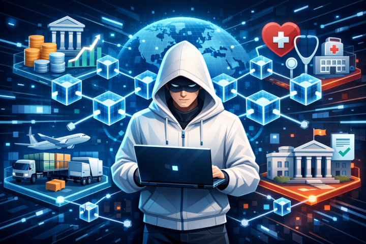 Ilustrasi teknologi blockchain yang menghubungkan berbagai sektor industri dalam jaringan digital