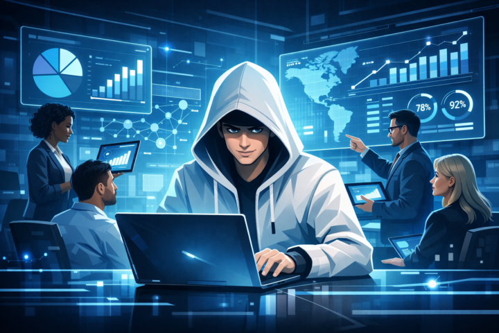 Profesional di kantor modern bekerja dengan data pada layar digital, menggambarkan budaya kerja berbasis data