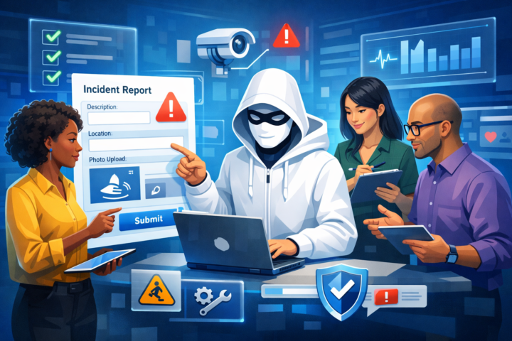 Karyawan organisasi melaporkan insiden kerja menggunakan sistem digital dalam lingkungan kantor modern