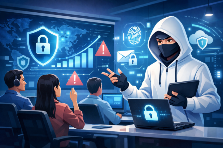 Karyawan mengikuti pelatihan perlindungan data di kantor dengan simbol keamanan digital