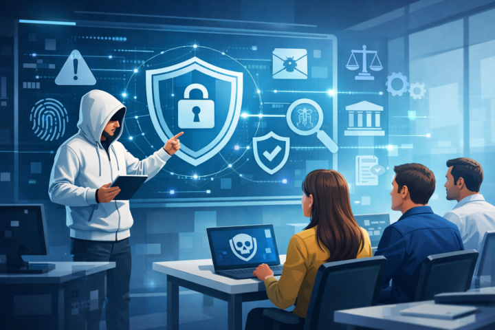 Karyawan mengikuti pelatihan security awareness dengan ikon perlindungan data dan regulasi di latar belakang