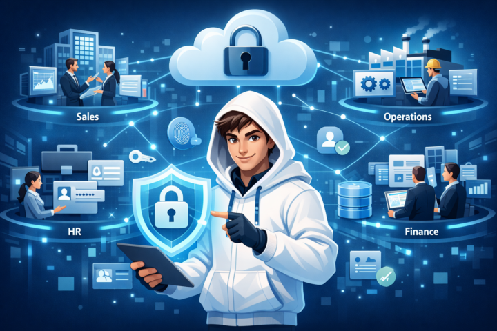 Ilustrasi keamanan SaaS dengan banyak divisi terhubung dalam satu organisasi
