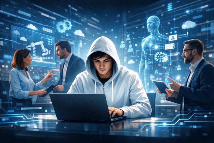 Tim bisnis berdiskusi tentang transformasi digital dengan perpaduan teknologi dan aspek manusia di kantor modern