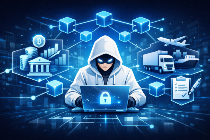 Ilustrasi jaringan blockchain yang aman menghubungkan berbagai industri secara digital