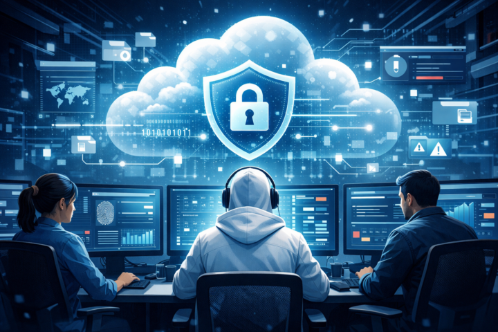 Tim keamanan memantau data cloud dengan dashboard digital untuk keamanan dan visibilitas