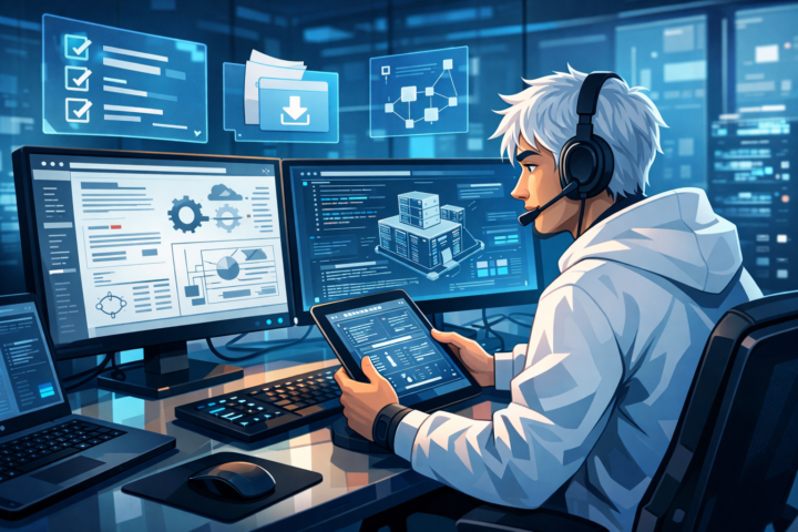 Ilustrasi profesional IT menggunakan dokumentasi teknis digital di komputer dalam kantor modern