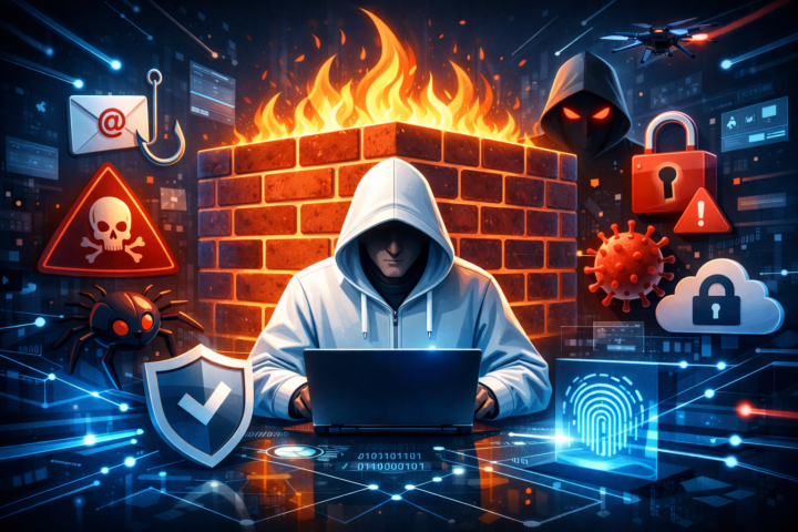 Gambar ilustrasi firewall dan teknologi keamanan siber modern yang mengelilingi jaringan komputer