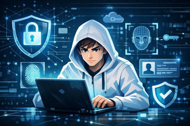 Ilustrasi konsep keamanan digital modern dengan fokus pada perlindungan identitas dan koneksi jaringan futuristik