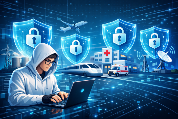 Ilustrasi perlindungan infrastruktur kritis dengan simbol keamanan digital di sektor energi, transportasi, kesehatan, dan komunikasi
