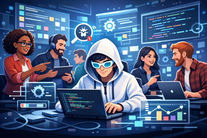 Tim pengembang software sedang berkolaborasi dengan menggunakan laptop dan alat digital dalam ruang kerja modern