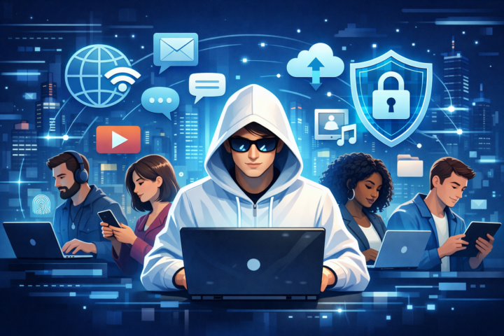 Ilustrasi penggunaan perangkat digital dan ikon literasi digital di era modern