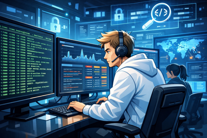 Tim IT menganalisis log sistem di pusat operasi keamanan dengan layar penuh data dan grafik