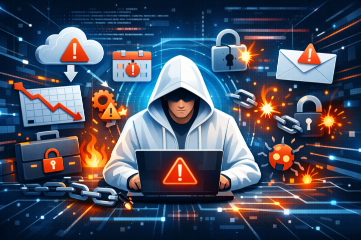 Ilustrasi konsep serangan siber yang berhasil karena kelemahan proses dalam keamanan organisasi