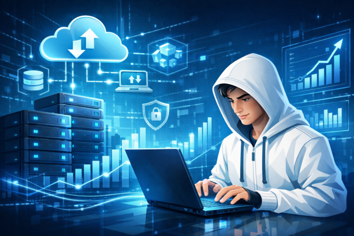 Ilustrasi infrastruktur digital dengan server dan ikon cloud yang menunjukkan konsep skalabilitas