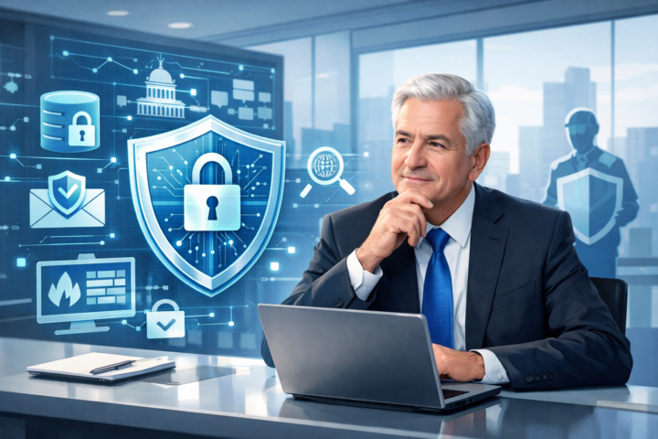 Ilustrasi pimpinan instansi memahami tata kelola siber dengan ikon perlindungan data digital