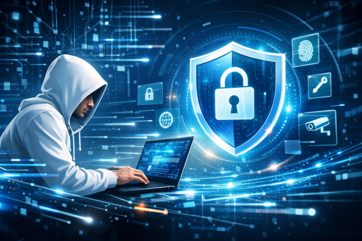 Ilustrasi aliran trafik data jaringan dengan simbol keamanan