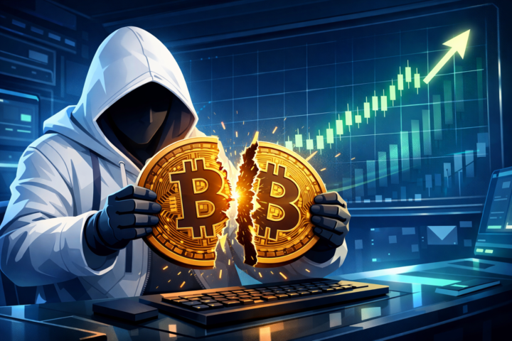 Ilustrasi Bitcoin yang dibagi menjadi dua dengan grafik harga naik di latar belakang menunjukkan dampak Bitcoin Halving.