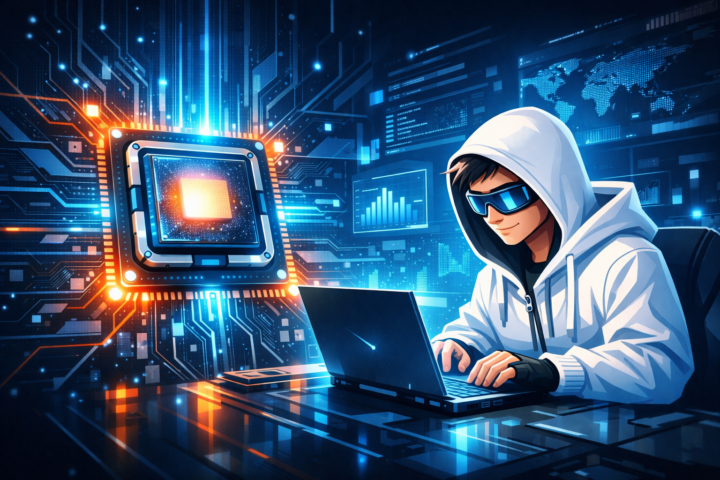 Ilustrasi chip GPU modern dengan sirkuit digital dan latar belakang teknologi futuristik