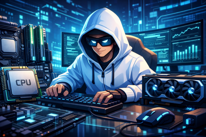 Gambar perangkat keras komputer seperti CPU, motherboard, RAM, dan kartu grafis dengan latar belakang digital futuristik