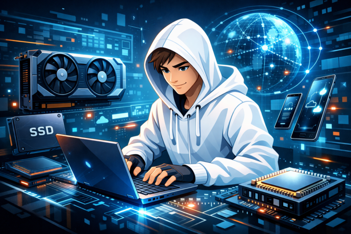 Ilustrasi berbagai komponen hardware modern seperti prosesor, GPU, SSD, dan perangkat digital