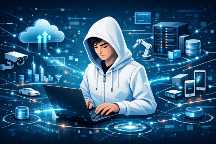 Ilustrasi konsep edge computing menghubungkan perangkat dengan aliran data dalam jaringan digital