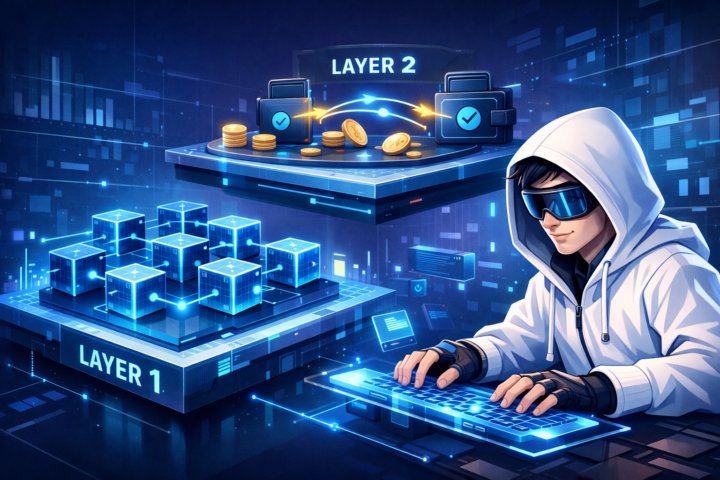 Diagram teknologi blockchain dengan Layer 1 dan Layer 2 yang menunjukkan mekanisme solusi Layer 2