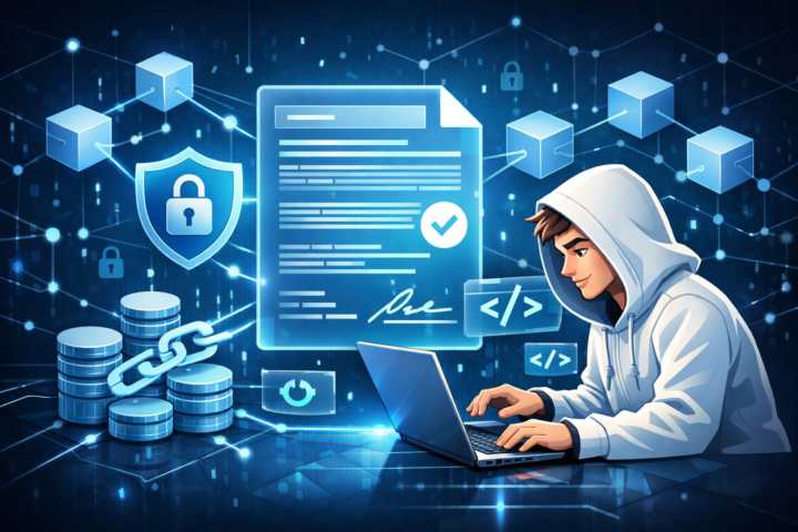 Ilustrasi smart contract digital dengan teknologi blockchain dan simbol keamanan