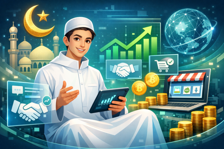 Ilustrasi konsep marketing syariah di era digital dengan tema Islam dan bisnis modern