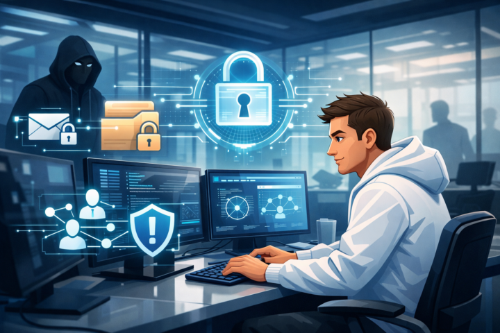 Ilustrasi perlindungan data dan pengawasan keamanan terhadap insider threat di lingkungan kantor modern