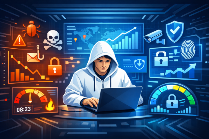 Grafik metrik kematangan deteksi ancaman dengan ikon keamanan siber