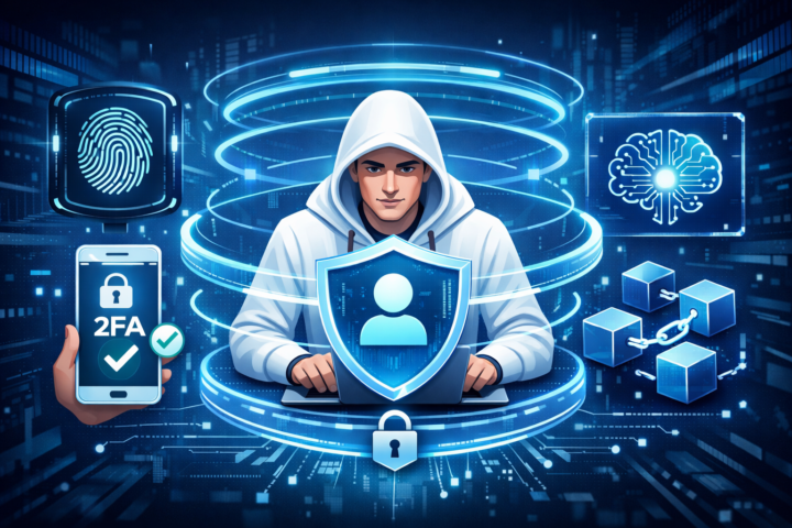 Ilustrasi lapisan keamanan identitas digital dengan simbol MFA, biometrik, AI, dan blockchain