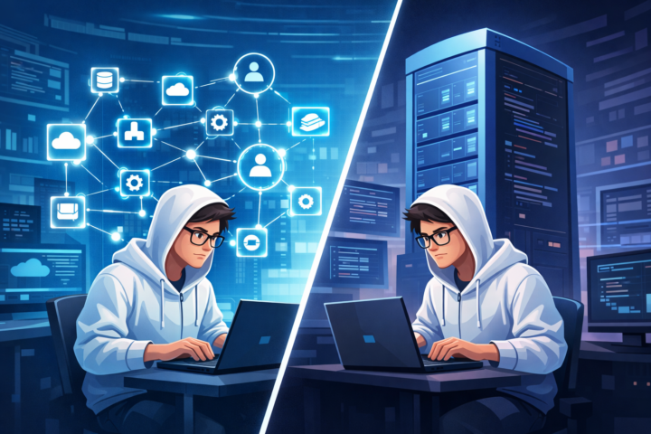 Ilustrasi perbandingan arsitektur microservices dan monolitik dalam pengembangan perangkat lunak