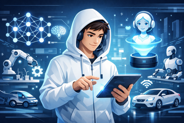 Ilustrasi konsep artificial intelligence dengan ikon jaringan saraf dan penerapan di berbagai industri